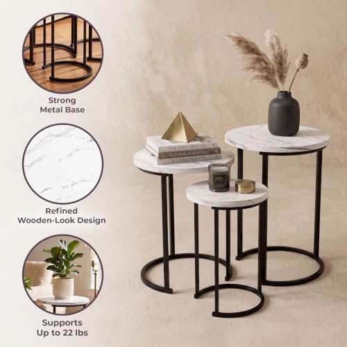 Lavish Home Round Nesting Tables Set of 3, Faux Marble Tabletop, White