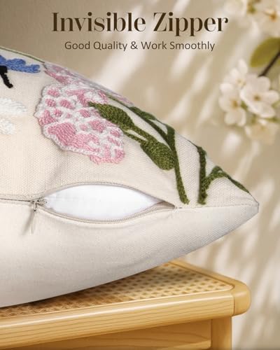 Embroidered Lumbar Pillow Cover 20x12 Inch, Retro Flower