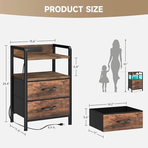 Lazzanto Nightstand with Rear Charging Station, LED Light, 2 Drawers, Brown