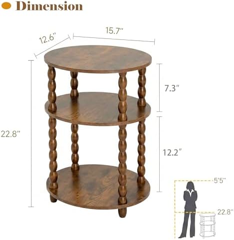 3-Tier Oval Side Table, Small End Table with Solid Wood Spindle Legs Brown