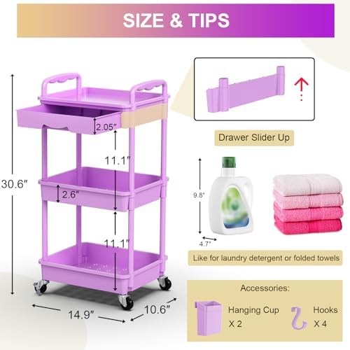 Goovilla 3 Tier Rolling Utility Cart Organizer with Removable Drawer,Purple
