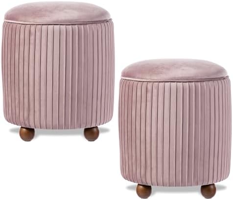 Glitzhome Round Ottoman with Storage Set of 2 Vanity Stool Foot Rest with Removable Lid Modern Upholstered Velvet Storage Ottoman Stool for Living Room and Dorm, Dusty Pink