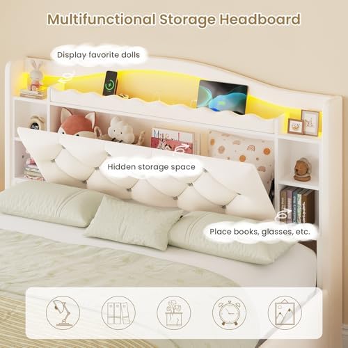 DICTAC Full Size Bed Frame for Kids with 4 Storage Drawers, Bookcase Headboard, LED Lights and Power Outlets, Diamond Tufted Velvet Upholstered Princess Platform Bed, Heavy-Duty Metal Support, Beige