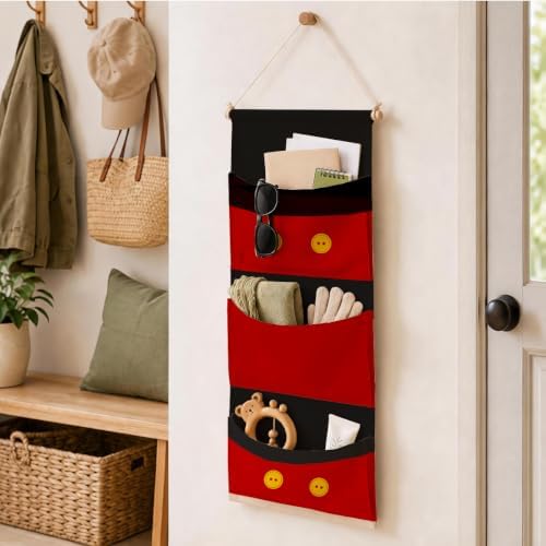 Cute 3-Pocket Hanging Wall Organizer, Red Button Over Door Storage Pockets