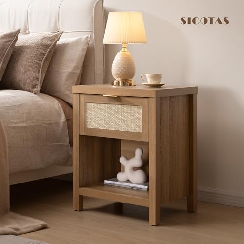 SICOTAS Night Stand Set 2 Rattan Nightstands with Drawer 19.7" Wide