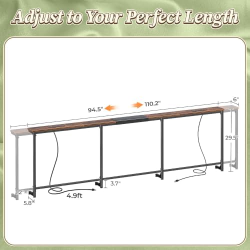 Huuger 94.5-110.2'' Extendable Behind Couch Table with Outlets, Rustic Brown