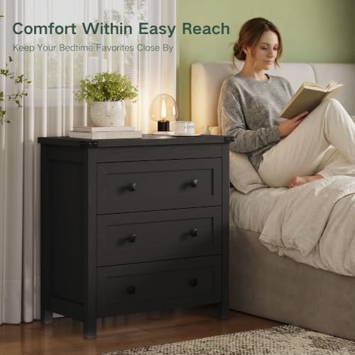 Farmhouse Nightstands Set of 2, Bedside Table with Drawers, Black