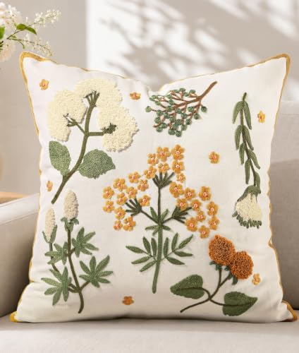 Embroidered Floral Throw Pillow Cover 20x20 Inch, Meadow Flower