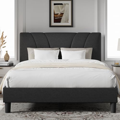 Novilla Full Size Bed Frame with Adjustable Headboard Platform Full Bed Frame with Linen Upholstered Headboard, No Box Spring Needed, Noise-Free, Easy Assembly, Dark Grey