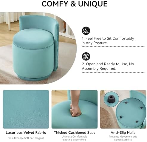 WUTUTUEE Velvet Vanity Chair with Storage, 360° Swivel Makeup Chair with Wave Back, No Assembly Small Accent Stool for Bedroom, Dressing, Living Room, Teal