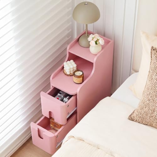 Narrow Nightstand Skinny End Bedside Table with 2 Drawers (Pink-1 pc)