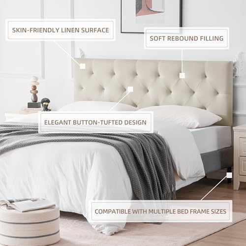 Linen Headboard Full Size, Adjustable Height Headboard 37-51 in, Beige