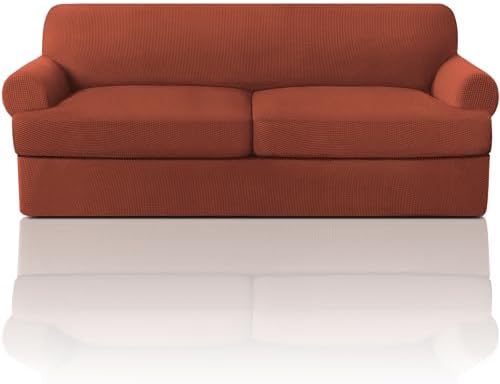 PrinceDeco T Cushion Sofa Slipcover 3 Pieces Sofa Covers for T Cushion Couch Soft Couch Covers Sofa Slip Cover Furniture Covers with 2 Individual T Shape Seat Covers (70"-88") Washable,Rust