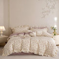 Pink Floral Twin Duvet Cover Cotton Boho Twin Comforter Cover Lace Trim Ruffle Soft Pattern Duvet Cover Set with 2 Pillow Cases Chic Zipper Bedding Set Princess Duvet Protector