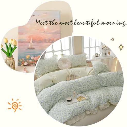 Green Ruffle Comforter Set Full Size Girls Blue Flowers Comforter Fluffy Soft Vintage Floral Bedding Set Cottagecore Botanical Floral Comforter Set with 2 Ruffle Lace Pillowcases for All Seasons