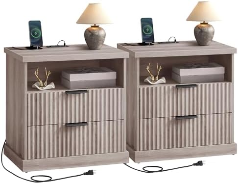 VASAGLE Set of 2 Nightstands with Charging Station, 2 Drawers, Open Shelf