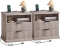 VASAGLE Set of 2 Nightstands with Charging Station, 2 Drawers, Open Shelf