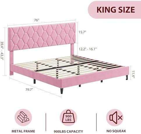 King Bed Frame with Adjustable Headboard, Upholstered Bed Frame, Pink