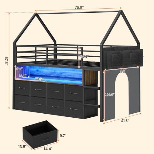 Low Loft Bed Twin Size with 8 Storage Drawers, LED House Loft Bed