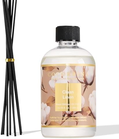 Cocorrína Reed Diffuser Refill Clean Linen 10.15oz (300ml) with 8 Sticks - Premium Long-Lasting Scented Oil, Home Fragrance for Bedroom, Bathroom Home Decor