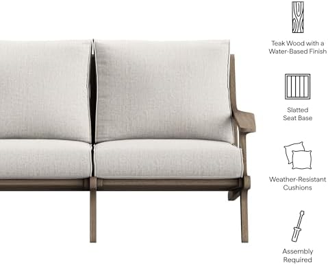 Modway Saratoga Teak Outdoor Patio Loveseat in Weathered Gray Pebble – 2 Seater Outdoor Couch with Weather-Resistant Cushions – Wooden Porch Loveseat