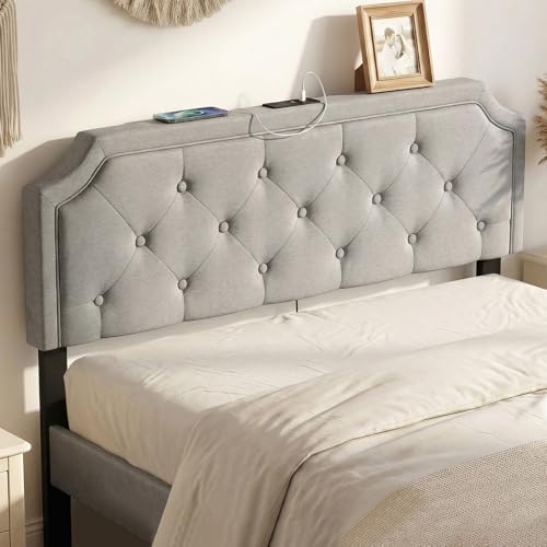 GIANTEX Headboard with Charging Station, Queen/Full Size Diamond Tufted Upholstered Head Board w/2 AC Outlets, USB & Type-C Ports, Rubber Wood Legs, Width Adjustable Modern Bed Headboard Only (Grey)
