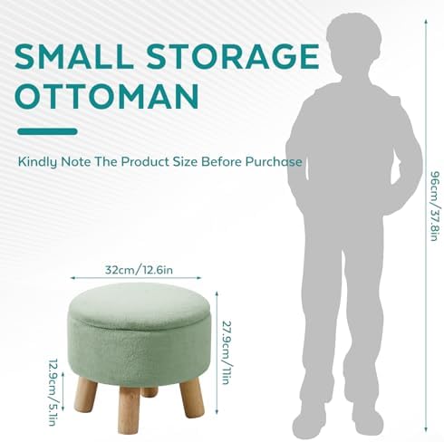 Small Foot Stool Ottoman with Storage, Soft Faux Fur Ottoman Foot Rest for Couch, Round Footstool with Storage, Small Ottomans and Footstools for Living Room and Entryway (Light Green)