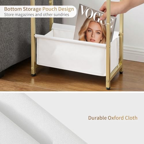Narrow Side Tables Set of 2 for Small Spaces, Slim End Tables with Fabric Storage Basket, Thin Bedside Table with Faux Marble Tabletop for Living Room, Bedroom, Gold