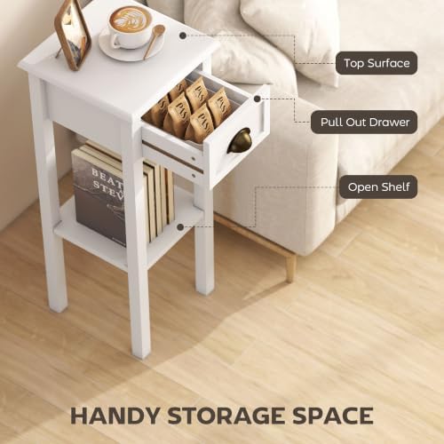 HOMCOM Narrow End Table with Drawer and Bottom Shelf Set of 1 White