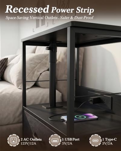 Faesun Night Stand with Charging Station & Swivel Top, Black Gray