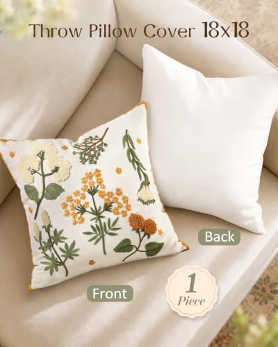 Embroidered Floral Throw Pillow Cover 18x18 Inch, Meadow Flower
