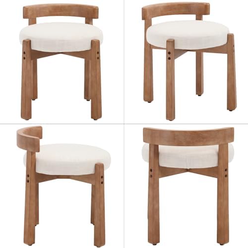 Ya-Home Modern Vanity Chair Upholstered Small Ottoman Footstool, Make Up Stool Linen Fabric with Backrest Wooden Frame for Living Room Bedrooms, 1PC, Beige