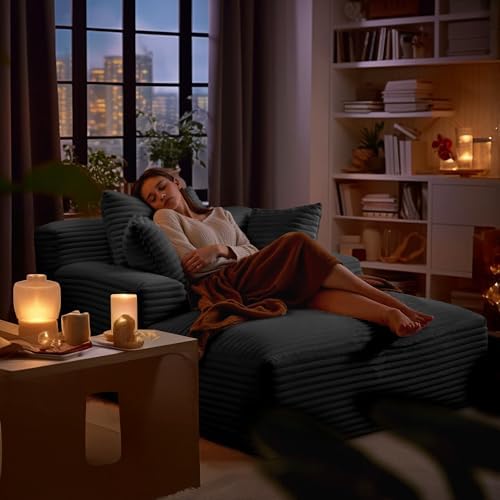 66" Chaise Lounge Chair Indoor, Corduroy Upholstered Reading Chair Oversized Boneless Chair with Deep Seat, Cloud Lounge Chair with 3 Pillows for Living Room, Bedroom, No Assembly Required
