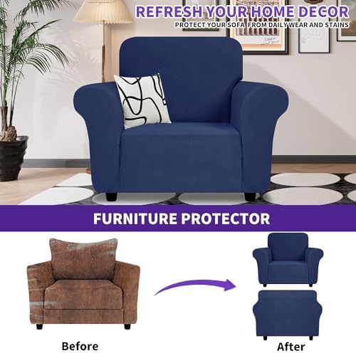 ZNSAYOTX Super Stretch Chair Slipcover (30"-47"), New Striped Sofa Chair Covers for Living Room, Dogs Pet Friendly Anti-Slip Chair Protector Spandex Armchair Slipcovers (Navy Blue, Chair)