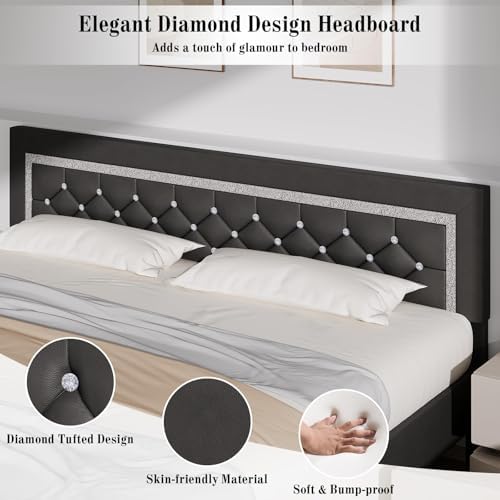 BarnFurin King Bed Frame with Diamond Tufted Headboard, Gray