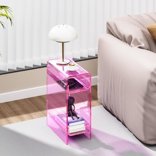 Clear Acrylic Side Table, Narrow Nightstand Bedside Table for Bedroom, Skinny Small End Table (Pink, 8.7'' x 15.7'' x 21.7")