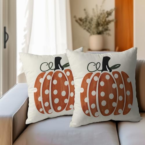 Fall Pumpkin Throw Pillow Cover 16X16 Inch Set of 2 Autumn Orange Pumpkin Outdoor Pillow Cases Polka Dot Beige Thanksgiving Farmhouse Square Cushion Covers for Sofa Couch Porch Patio Home Decor