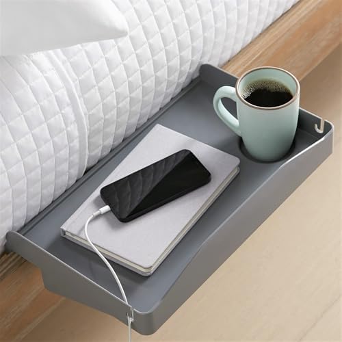 Modern Innovations Bedside Shelf for Bed, College Dorm Room, Bunk Bed Shelf for Top Bunk, Clip On Nightstand Tray with Cord and Cup Holder, Bunkbed Caddy for Table Storage (Dark Gray)