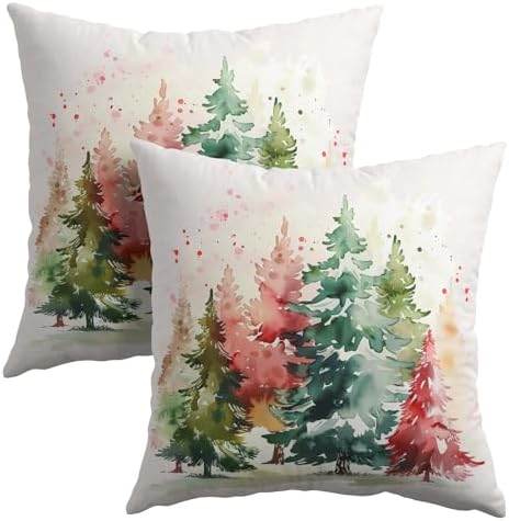 Christmas Tree Outdoor Throw Pillow Cover 20x20 Inch Set of 2 Winter Colorful Pine Tree Cushion Covers Xmas Holiday Theme Accent Pillowcase for Home Bedroom Sofa Patio