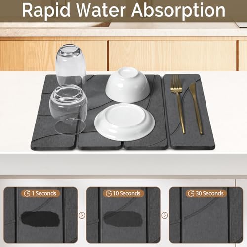 Small Stone Dish Drying Mat for Kitchen Counter, 2 PCS 16"×12" & 8"x4" Quick Dry Stone Mats, Foldable Water Absorbing Diatomite Drying Dish Pad for Countertop Bottles Utensils Cups(Carved Gray)