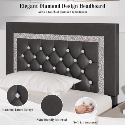 BarnFurin Twin Bed Frame with Diamond Tufted Headboard, Grey