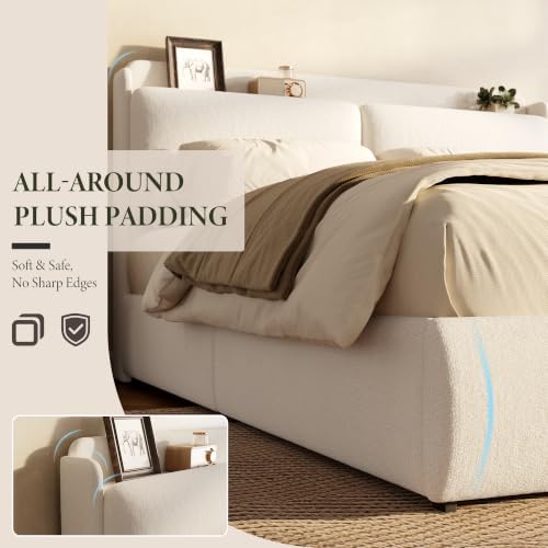 Garvee Upholstered Bed Frame with Shelf & Drawers- Beige