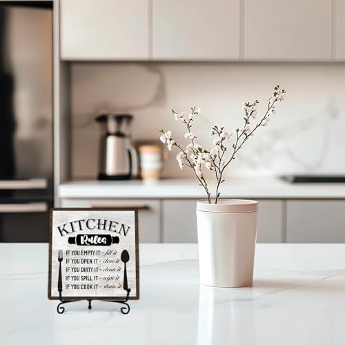 DETIHO Farmhouse Kitchen Decor, Rustic Kitchen Rules Sign Counter Decor