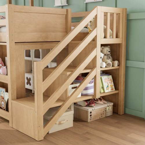 Twin Size Playhouse Low Loft Bed with Slide Storage Drawers Stair Shelves Pull Out Desk (Natural, Twin)