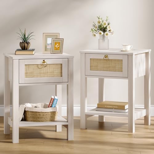 Eclatara Rattan Nightstand Set of 2 with Rattan Decor Drawer