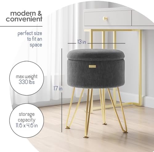 Round Ottoman with Storage, Textured Velvet Storage Ottoman, Foot Stool Ottomans, Makeup Vanity Stool, Small Ottomans Foot Rest, Modern Vanity Stools for Living Room and Bedroom, Grey