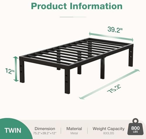 Novilla Bed Frame Twin, 12 Inch Simplicity Metal Platform Twin Size Bed Frame with Underbed Storage, No Box Spring Needed, Heavy Duty Steel Slat Support, for Bedroom, Guest Room, Noiseless