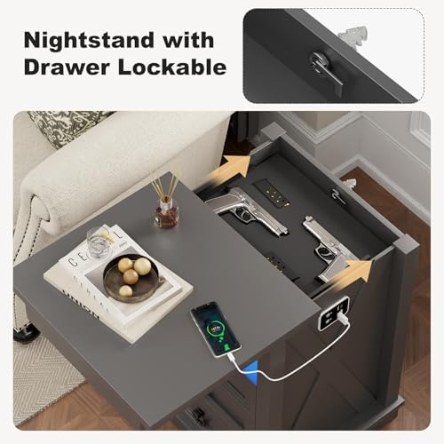 Farmhouse Nightstand Set 2 with Gun Drawer,Bedside Table with Charging Station and Human Body Senor,3 LED Lights Night Stand with 3 Drawers and Open Shelf,End Side Table for Bedroom(Grey)