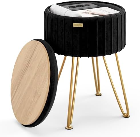 Round Ottoman with Storage, Pleated Velvet Storage Ottoman, Foot Stool Ottomans, Makeup Vanity Stool, Small Ottomans Foot Rest, Modern Vanity Stools for Living Room and Bedroom, Black
