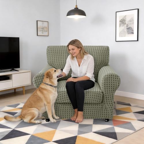 MAXIJIN 2 Pieces Stretch Chair Cover Armchair Covers for Living Room Thick Soft Chair Slipcovers with Arms Dogs Pet Single Sofa Couch Protector with Elastic Bottom (Army Green, 31"-46")